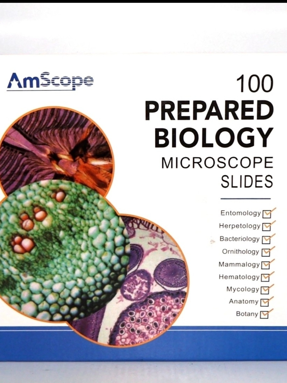 AmScope 100 Prepared Biology Microscope Slides with Wood Carry Case (PS100E)